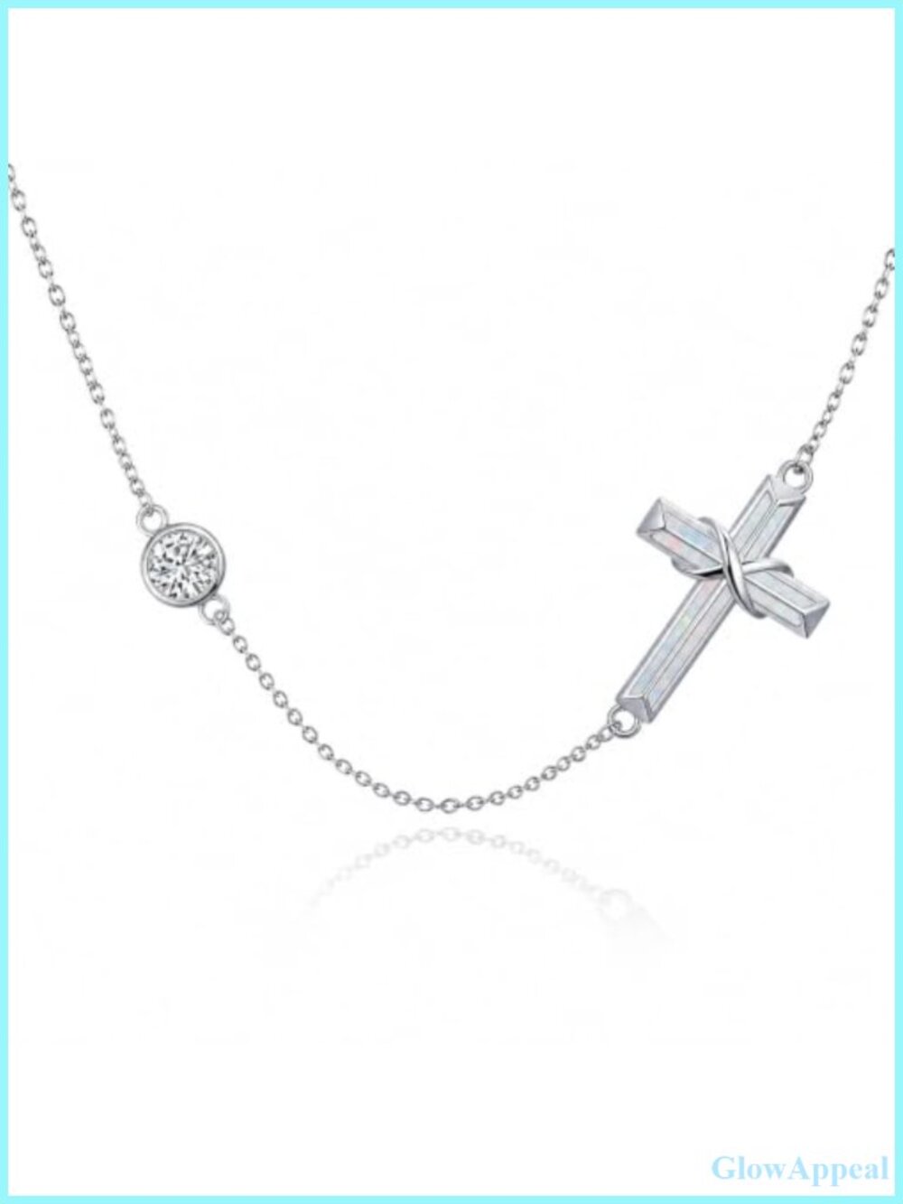 Sideways Cross Necklace, 925 Sterling Silver, Opal, Adjustable Chain